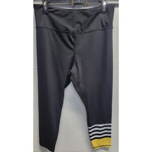 Zyia Active Black Cropped Leggings Athletic Stripe Yellow Hem Size 16 18